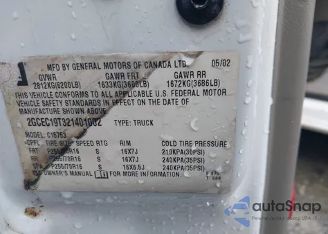 2002 Chevrolet Silverado 1500 Lt from USA, damaged, VIN 2GCEC19T321401002